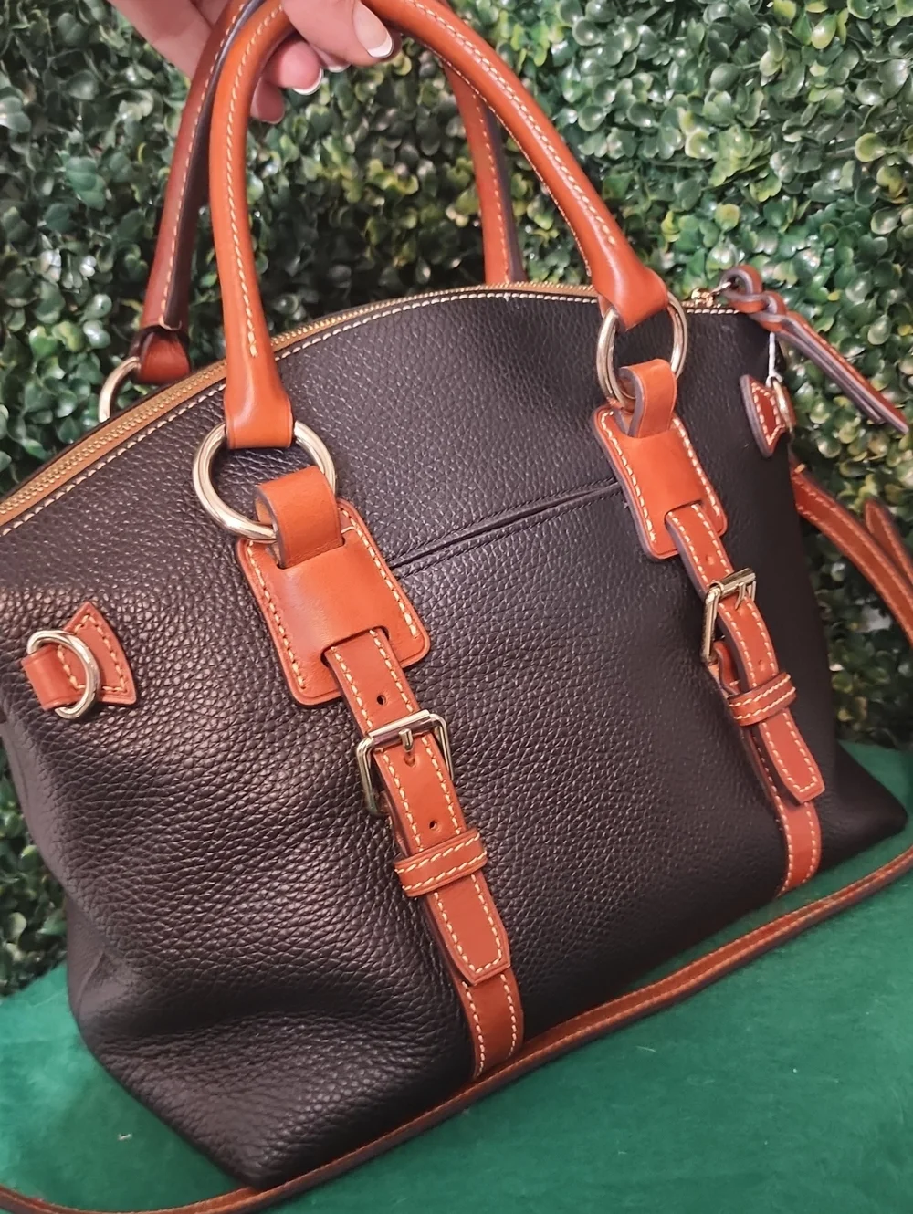 Dooney & Bourke Black Pebble Leather Satchel with Brown Trim